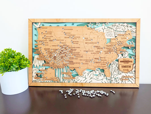 National Monuments Map, US Travel Map, family road trip tracker, hiking gifts personalized, camping map tracker, historic sites map, history