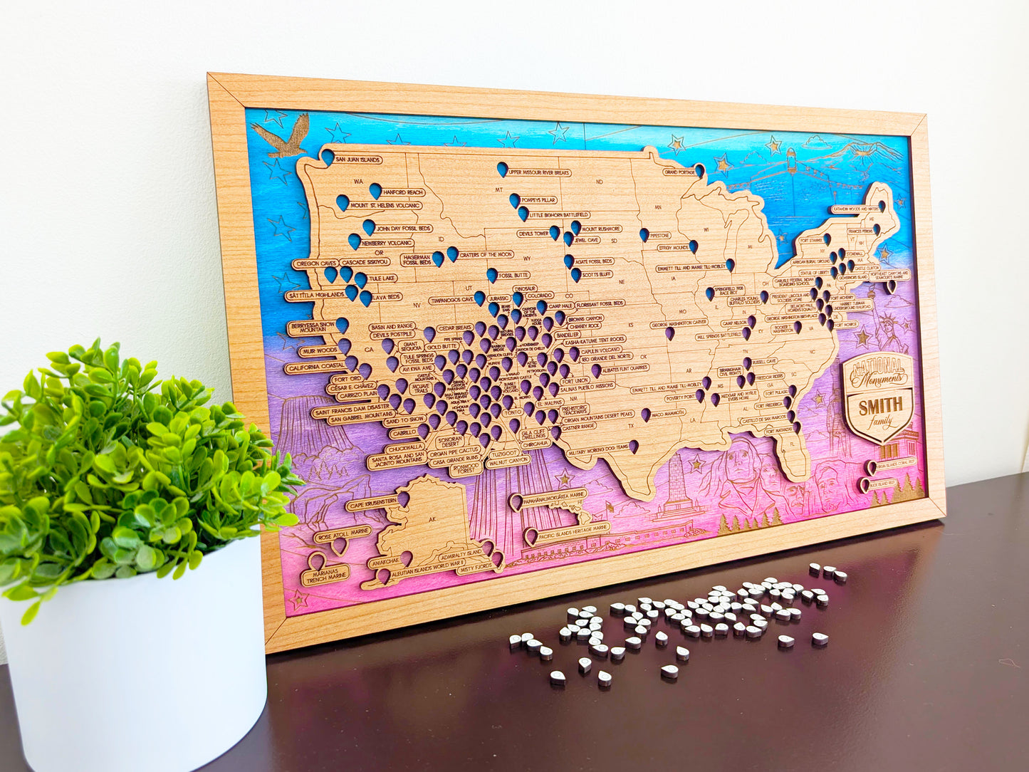 National Monuments Map, US Travel Map, family road trip tracker, hiking gifts personalized, camping map tracker, historic sites map, history