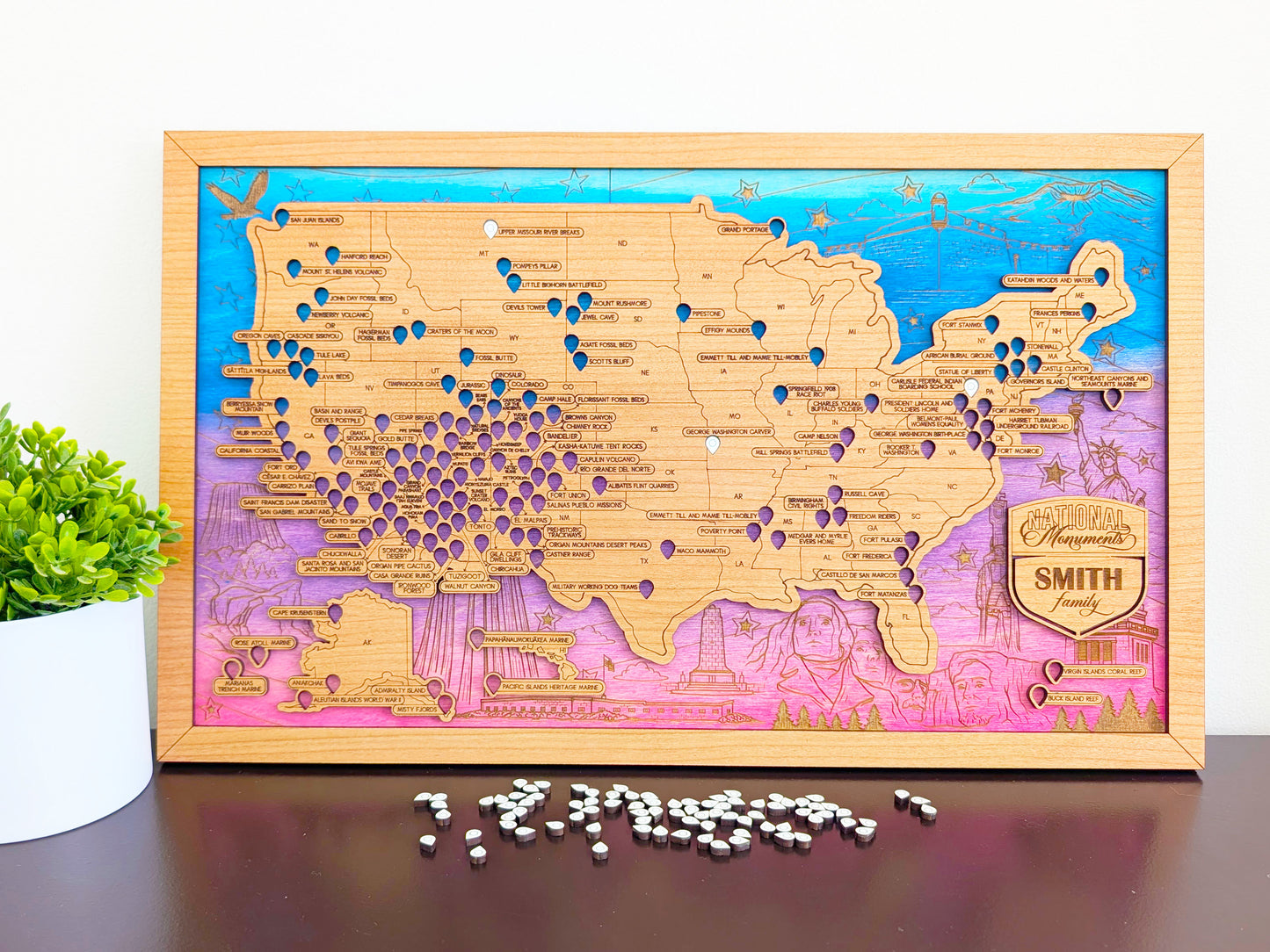 National Monuments Map, US Travel Map, family road trip tracker, hiking gifts personalized, camping map tracker, historic sites map, history