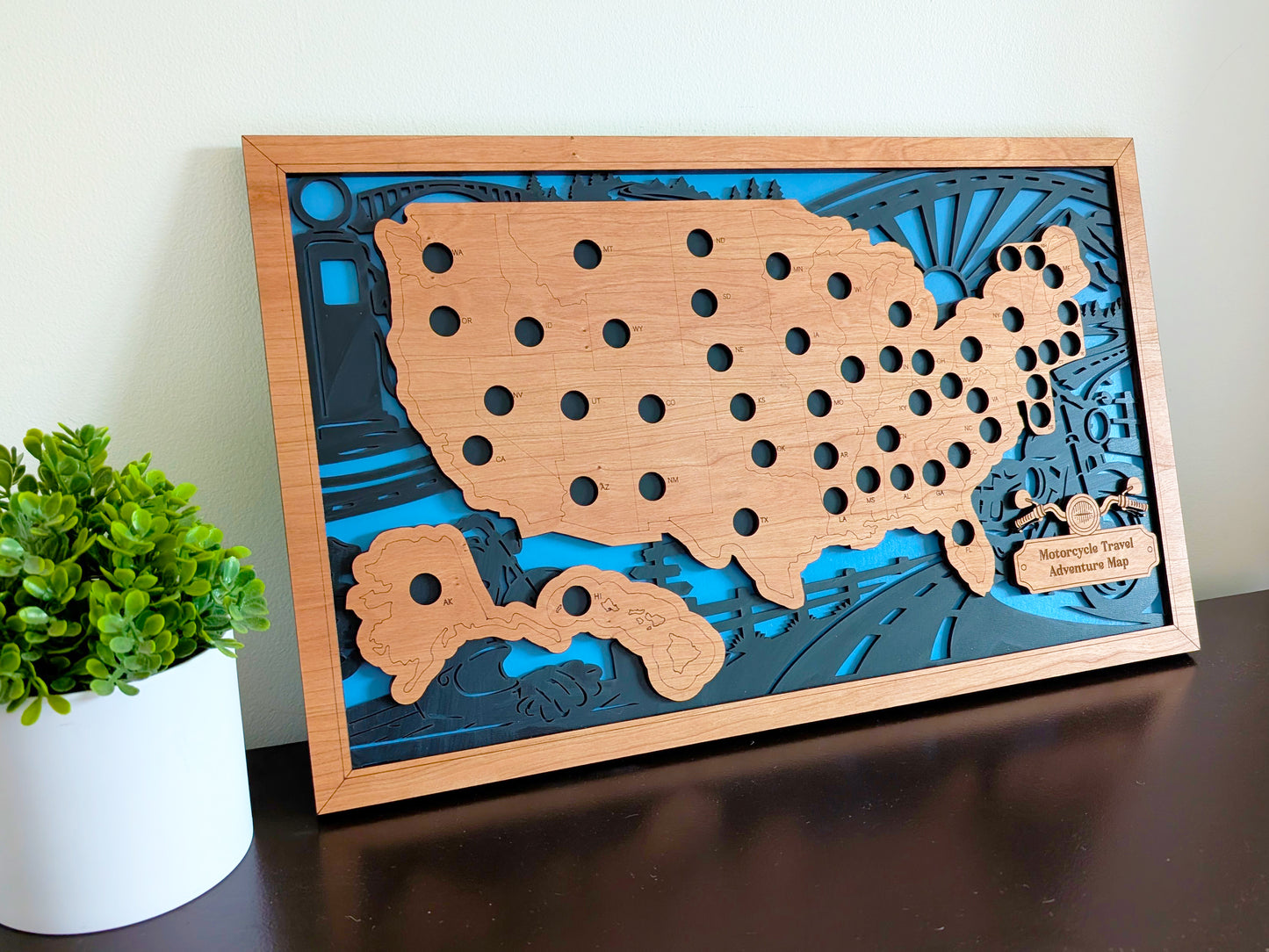 50 States Motorcycle Travel Tracker Map | Wooden Motorcycle Adventure Map