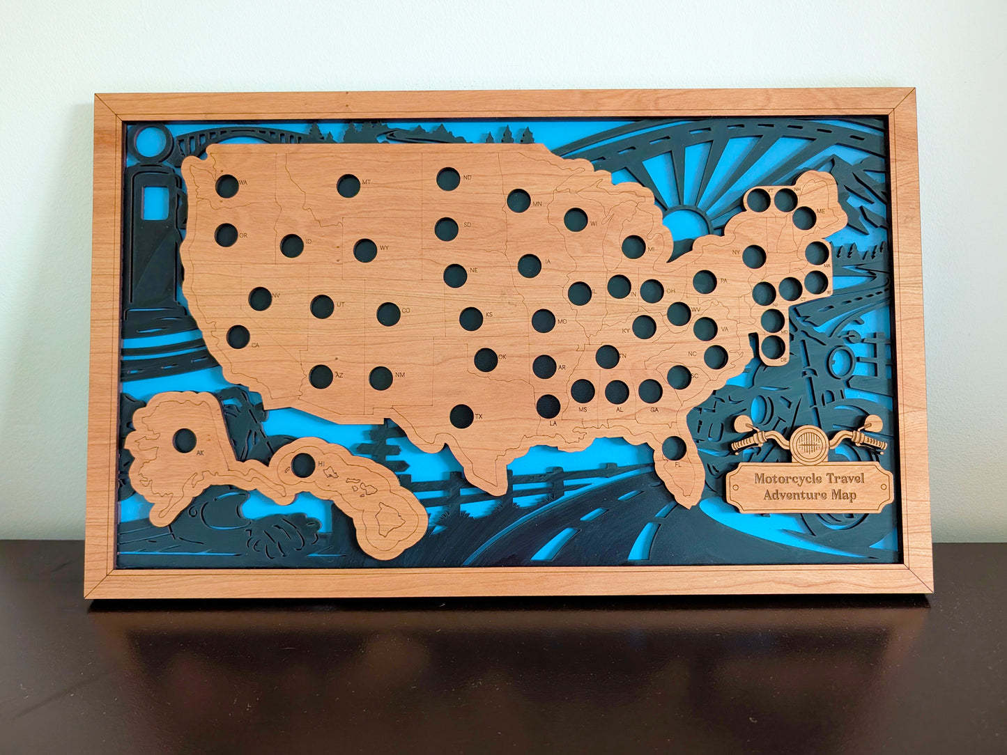 50 States Motorcycle Travel Tracker Map | Wooden Motorcycle Adventure Map