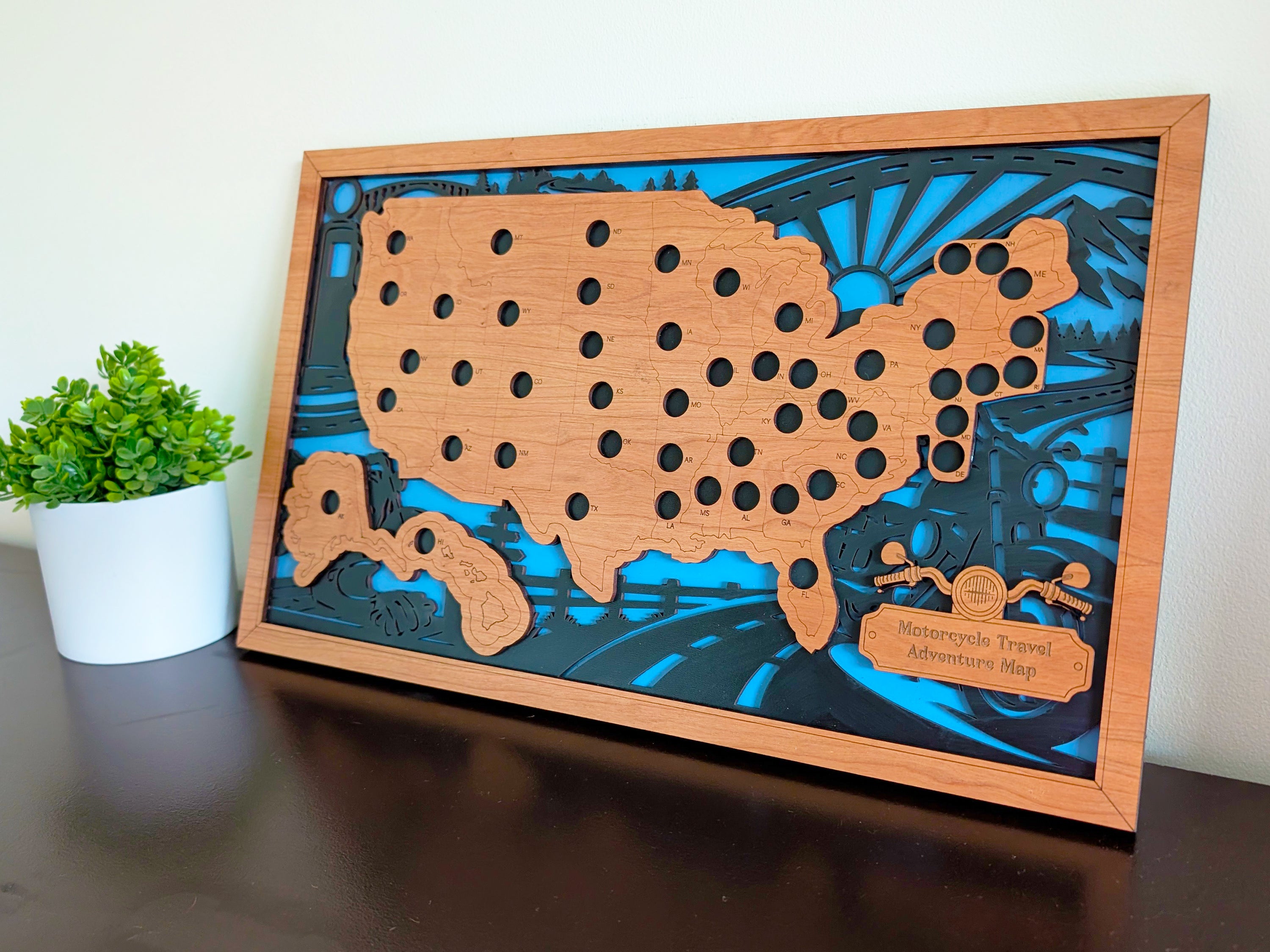 50 States Motorcycle Travel Tracker Map | Wooden Motorcycle
