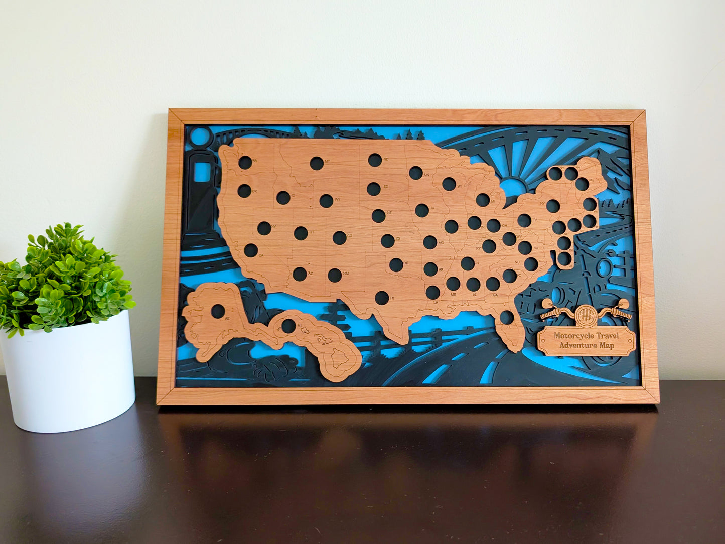 50 States Motorcycle Travel Tracker Map | Wooden Motorcycle Adventure Map