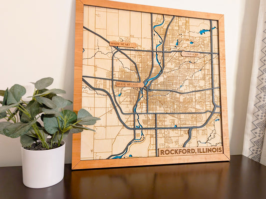 Rockford City Map Wall Art | Detailed Downtown Streets | Layered Wood Map