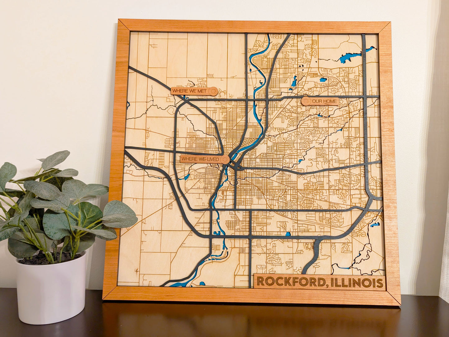 Rockford City Map Wall Art | Detailed Downtown Streets | Layered Wood Map