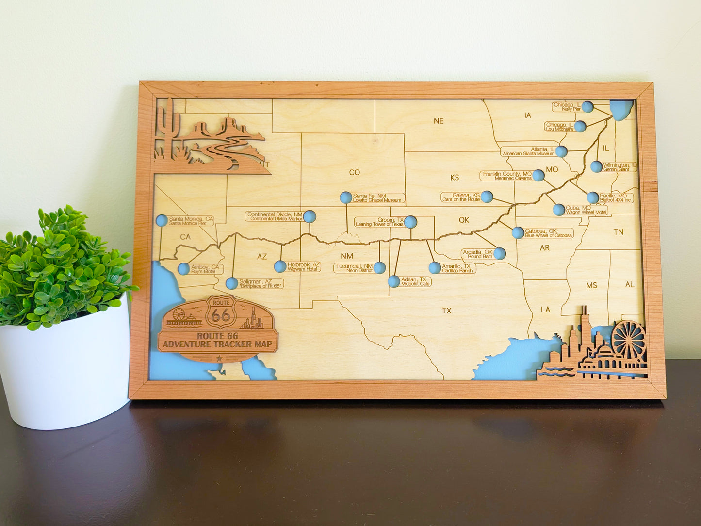 Route 66 Adventure Tracker Map | Wooden Route 66 Travel Map