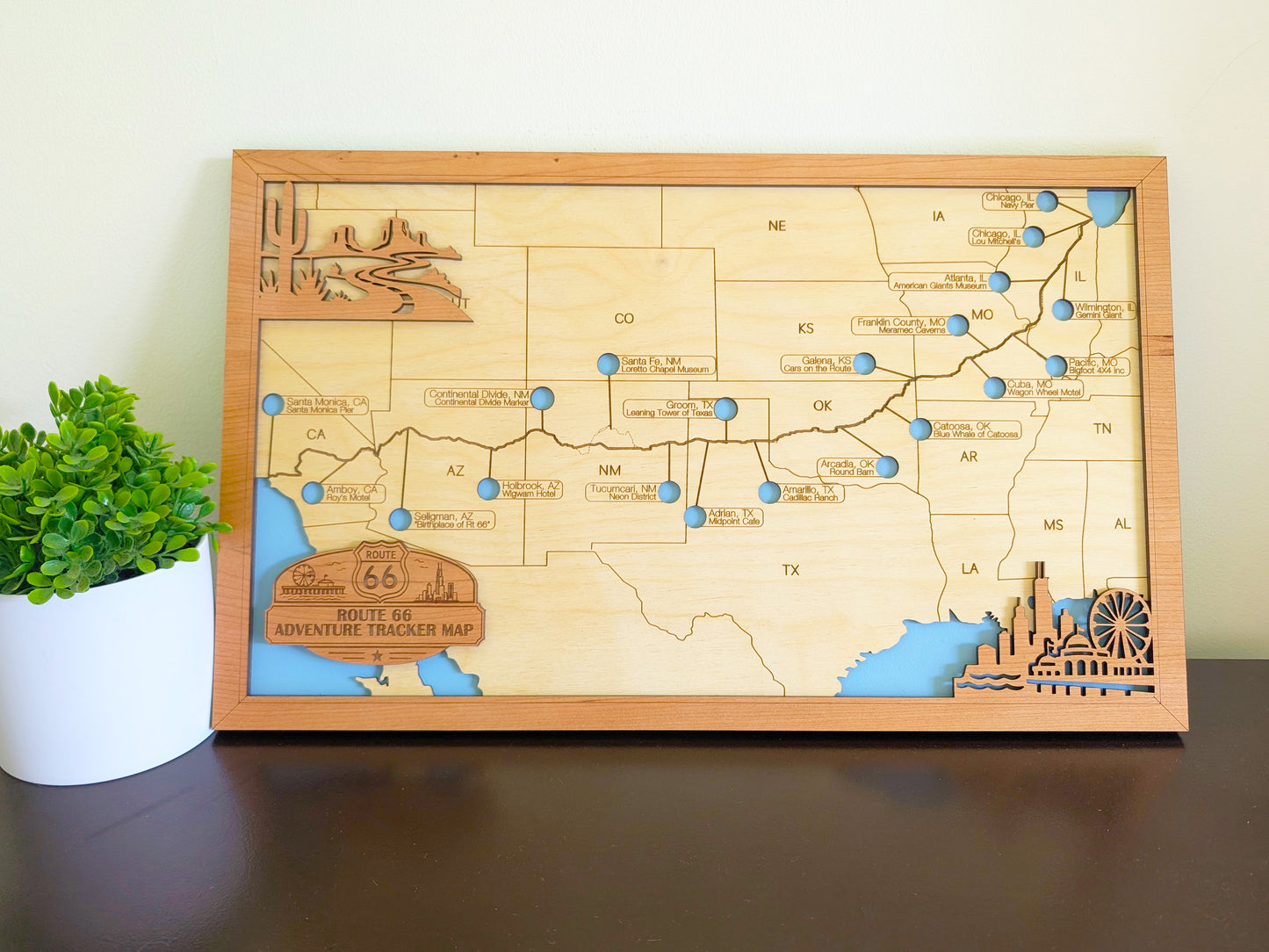 Route 66 Adventure Tracker Map | Wooden Route 66 Travel Map