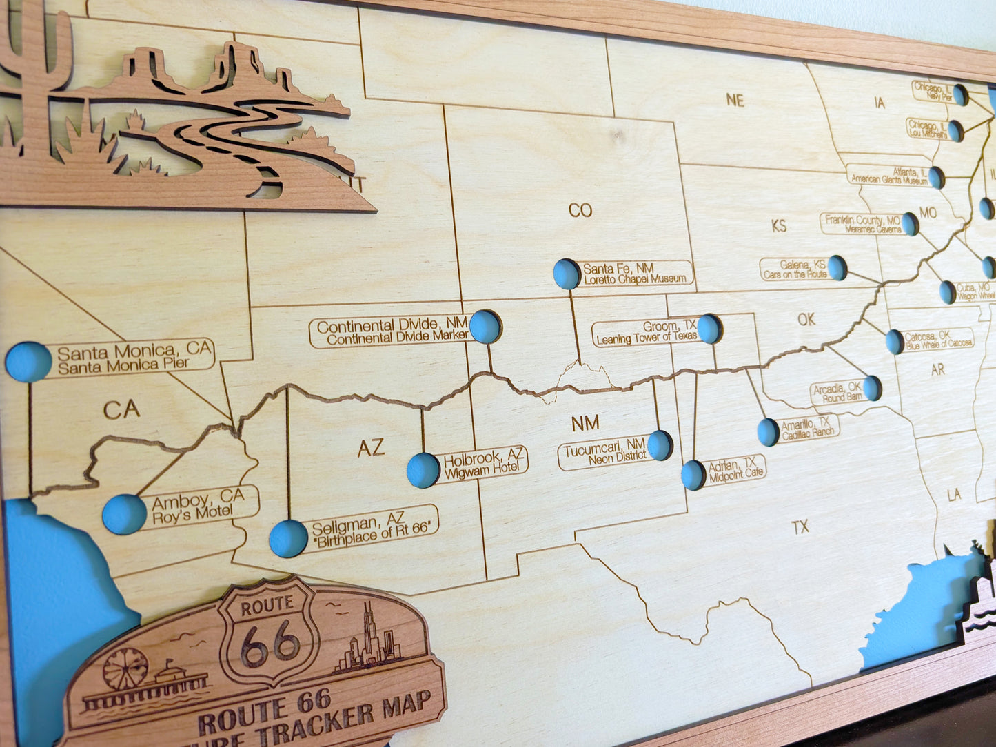 Route 66 Adventure Tracker Map | Wooden Route 66 Travel Map
