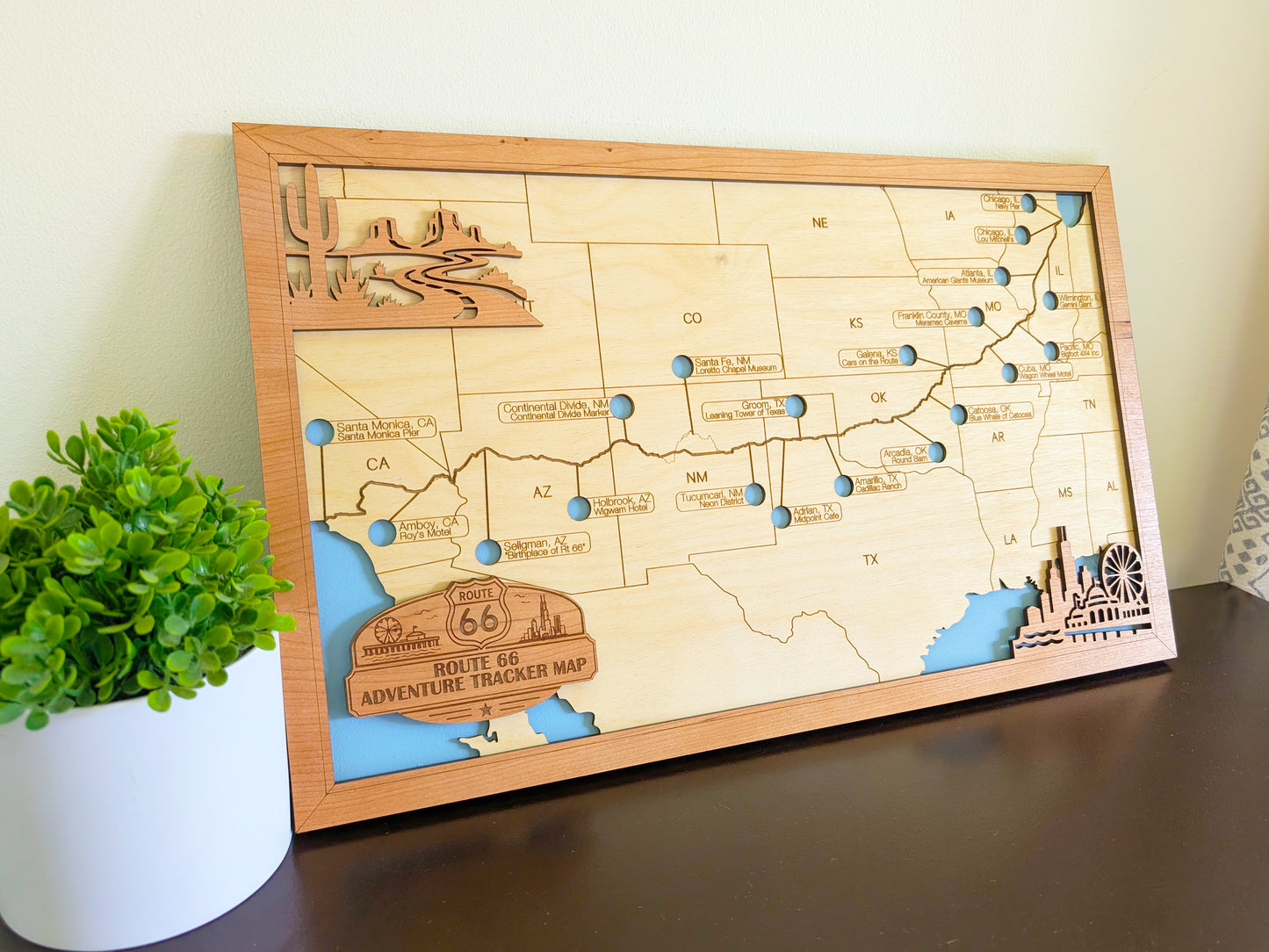Route 66 Adventure Tracker Map | Wooden Route 66 Travel Map