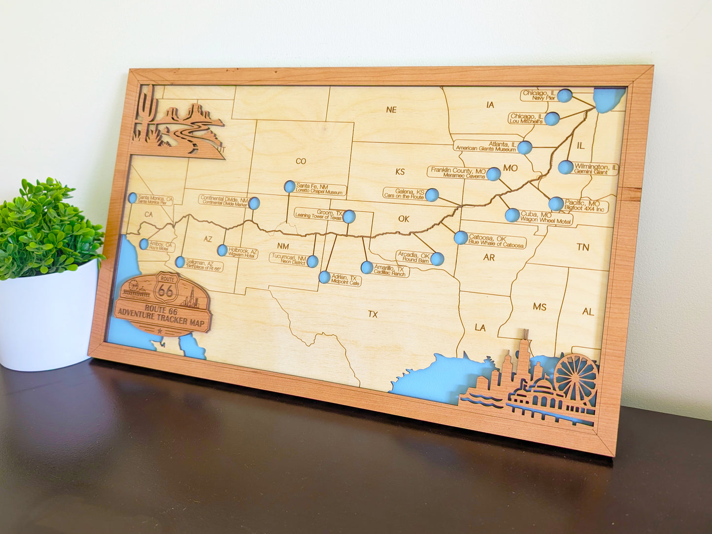 Route 66 Adventure Tracker Map | Wooden Route 66 Travel Map