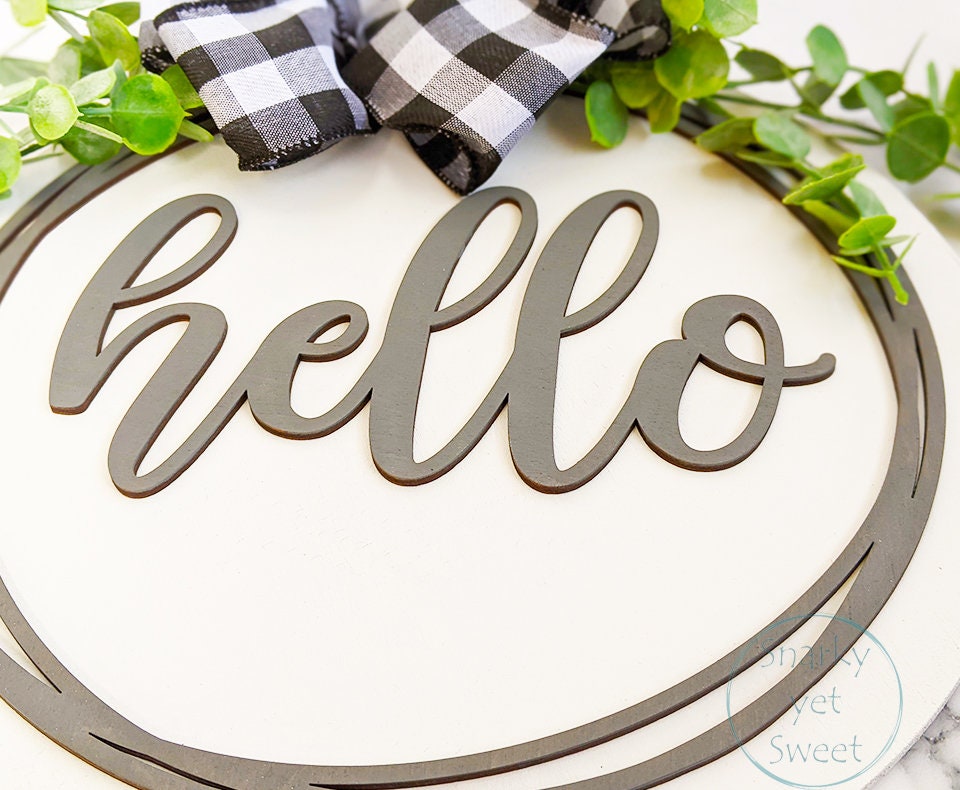 Hello door hanger, hello wreath, hello circle sign, farmhouse door hanger, farmhouse door decor, buffalo plaid door sign